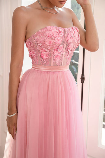 Magnifique robe de bal rose bustier A Line avec appliques