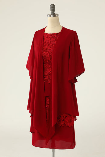 Robe de mère de la mariée deux pièces rouge foncé avec dentelle