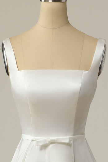 Simple A Line Col Carré Blanc Longue Robe de Mariée
