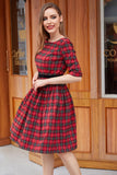 Robe Vintage à carreaux rouge avec manches