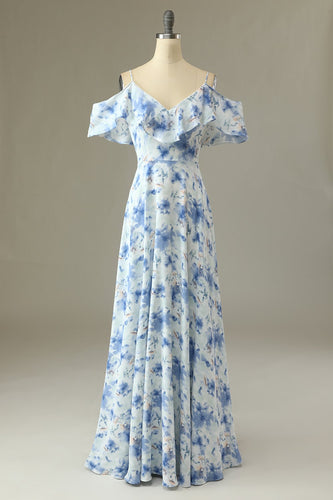 Une ligne sur l’épaule bleu imprimé floral longue robe de demoiselle d’honneur