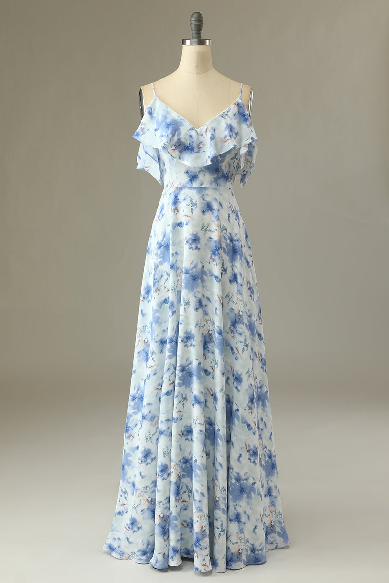 Charger l&#39;image dans la galerie, Une ligne sur l’épaule bleu imprimé floral longue robe de demoiselle d’honneur