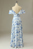 Charger l&#39;image dans la galerie, Une ligne sur l’épaule bleu imprimé floral longue robe de demoiselle d’honneur