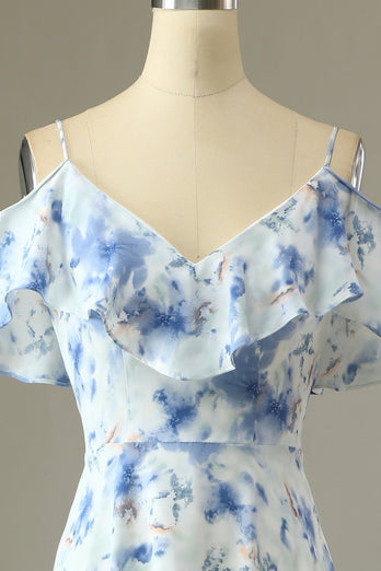 Une ligne sur l’épaule bleu imprimé floral longue robe de demoiselle d’honneur