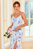 Charger l&#39;image dans la galerie, Gaine Spaghetti Straps Blue Floral Print Longue Robe de Demoiselle d’Honneur avec Split Front