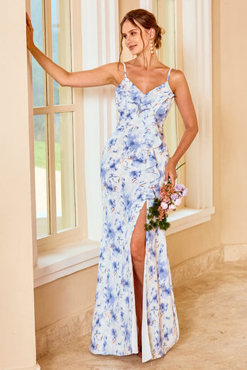 Gaine Spaghetti Straps Blue Floral Print Longue Robe de Demoiselle d’Honneur avec Split Front