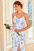Charger l&#39;image dans la galerie, Gaine Spaghetti Straps Blue Floral Print Longue Robe de Demoiselle d’Honneur avec Split Front