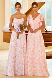 Une ligne Spaghetti Straps Purple Flower Printed Bridesmaid Dress