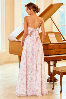 Une ligne Spaghetti Straps Purple Flower Printed Bridesmaid Dress