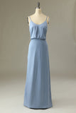Spaghetti Straps Gris Bleu Longue Robe Demoiselle d’Honneur