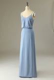 Spaghetti Straps Gris Bleu Longue Robe Demoiselle d’Honneur