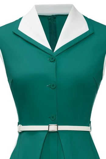 Lapel Neck Green Swing Robe des années 50 avec ceinture
