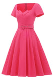 Fuchsia Manches Courtes Vintage 50s Robe avec Ceinture