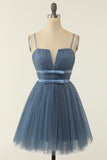 Une ligne Bretelles Spaghetti Robe De Cocktail Courte Bleu Gris