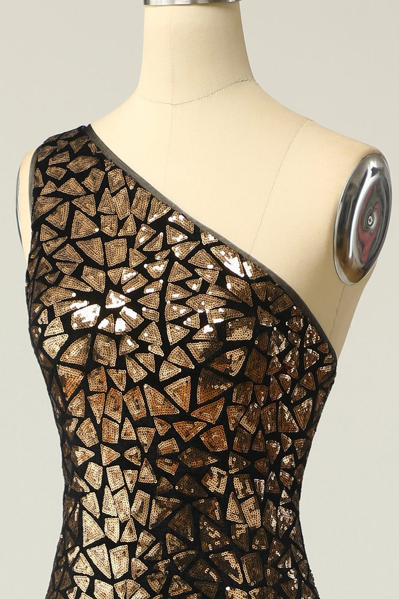 Charger l&#39;image dans la galerie, Sirène Une Épaule Robe de bal à paillettes en or foncé