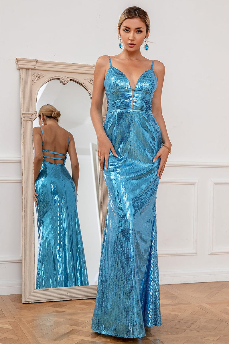 Charger l&#39;image dans la galerie, Sirène Spaghetti Sangles Bleu Paillettes Longue Robe de Bal
