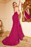 Sirène Une épaule Fuchsia Paillettes Plus Taille Robe de bal avec Sweep Train