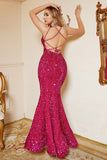 Robe de bal de sirène à paillettes rose vif avec dos lacé