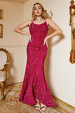 Robe de bal de sirène à paillettes rose vif avec dos lacé