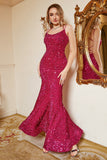 Robe de bal de sirène à paillettes rose vif avec dos lacé
