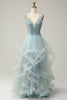 Charger l&#39;image dans la galerie, Une ligne Deep V Neck Light Blue Long Prom Dress avec Appliques