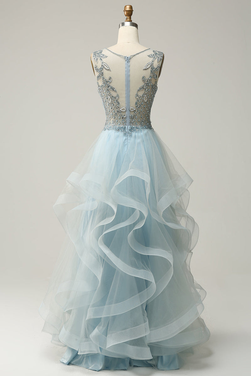 Charger l&#39;image dans la galerie, Une ligne Deep V Neck Light Blue Long Prom Dress avec Appliques
