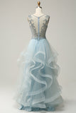 Une ligne Deep V Neck Light Blue Long Prom Dress avec Appliques