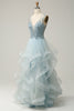 Charger l&#39;image dans la galerie, Une ligne Deep V Neck Light Blue Long Prom Dress avec Appliques