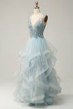 Une ligne Deep V Neck Light Blue Long Prom Dress avec Appliques