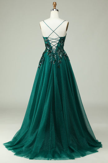Une ligne de bretelles spaghetti corset vert foncé robe de soirée avec appliques