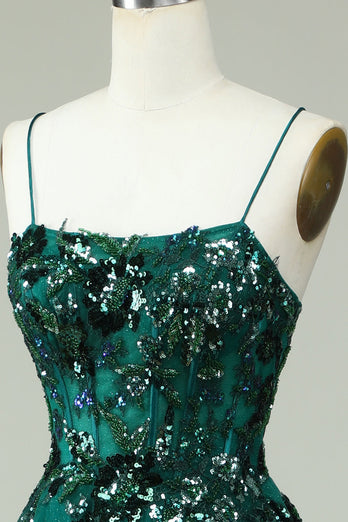 Une ligne de bretelles spaghetti corset vert foncé robe de soirée avec appliques