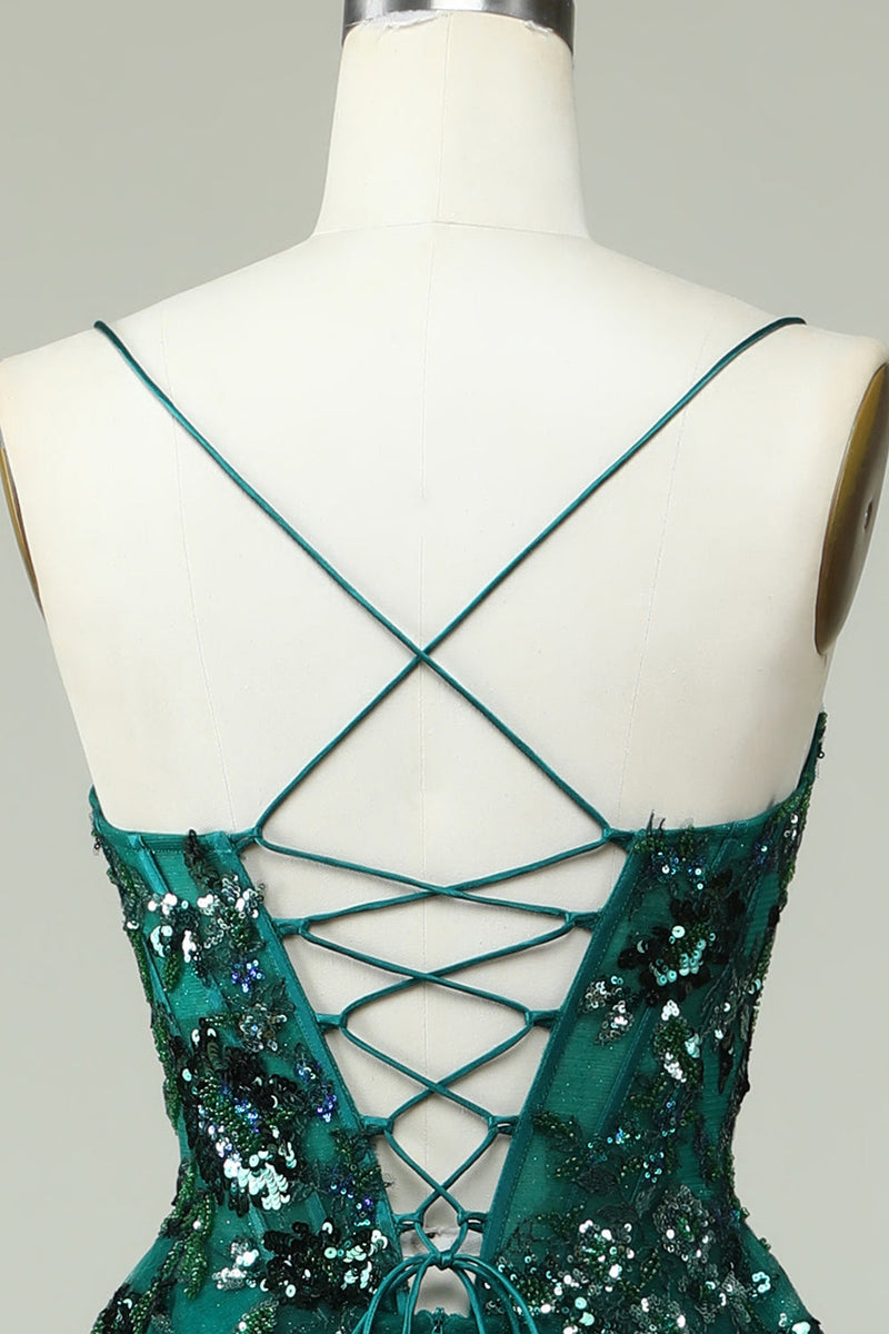 Charger l&#39;image dans la galerie, Une ligne de bretelles spaghetti corset vert foncé robe de soirée avec appliques
