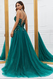 Robe de Soirée longue en tulle vert foncé scintillante avec appliques