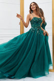 Robe de Soirée longue en tulle vert foncé scintillante avec appliques