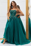 Robe de Soirée longue en tulle vert foncé scintillante avec appliques