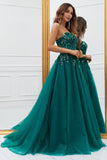 Robe de Soirée longue en tulle vert foncé scintillante avec appliques