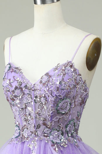 Une ligne de bretelles spaghetti Longue robe de bal violette avec appliques
