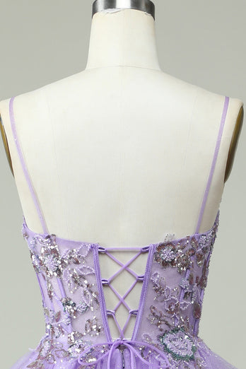 Une ligne de bretelles spaghetti Longue robe de bal violette avec appliques