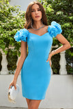 Robe de Cocktail moulante simple bleue à l’épaule avec volants