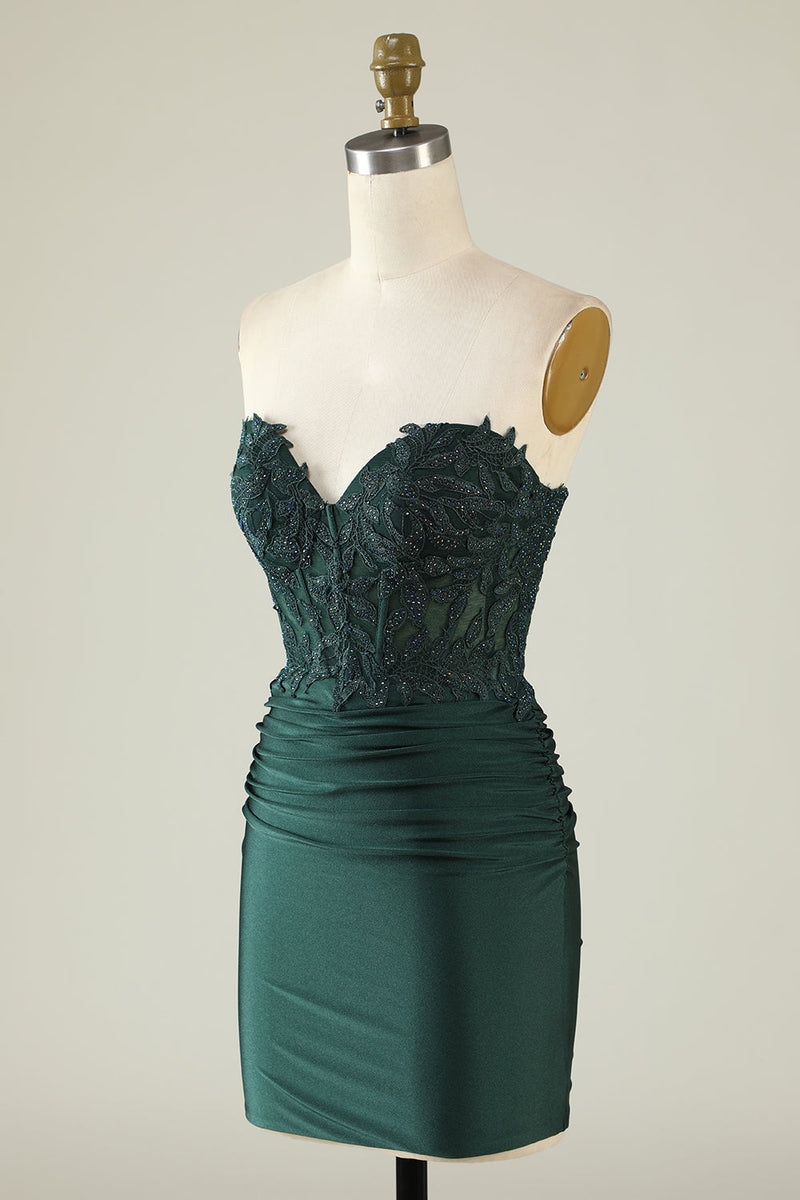 Charger l&#39;image dans la galerie, Robe de cocktail courte vert foncé sans bretelles avec perles
