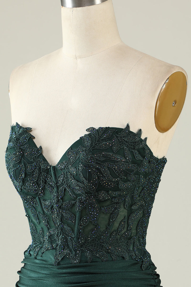 Charger l&#39;image dans la galerie, Robe de cocktail courte vert foncé sans bretelles avec perles