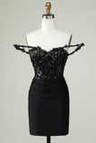 Fourreau Bretelles Spaghetti Robe de Cocktail Courte Noire avec Appliques