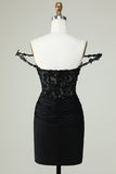 Fourreau Bretelles Spaghetti Robe de Cocktail Courte Noire avec Appliques