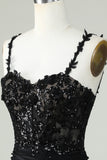 Fourreau Bretelles Spaghetti Robe de Cocktail Courte Noire avec Appliques