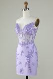 Bodycon Bretelles Spaghetti Violet Corset Robe Cocktail avec Appliques