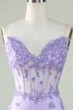 Bodycon Bretelles Spaghetti Violet Corset Robe Cocktail avec Appliques