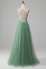 Charger l&#39;image dans la galerie, Robe de bal corset à bretelles spaghetti vert brillant A-ligne avec appliques