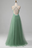 Robe de bal corset à bretelles spaghetti vert brillant A-ligne avec appliques