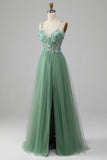 Robe de bal corset à bretelles spaghetti vert brillant A-ligne avec appliques