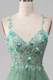 Robe de bal corset à bretelles spaghetti vert brillant A-ligne avec appliques
